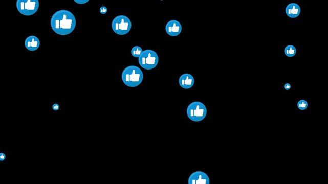 Social Media Like Icons Floating Animation on Black Background. Blue Thumb Up Reaction Symbols, Digital Engagement, Online Approval, Notification Motion Graphic Loop