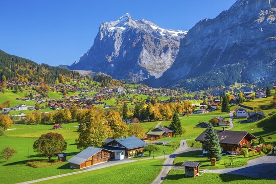 Autumn landscape with village overview and Wetterhorn 3690m, Grindelwald, L&uuml;tschinental, Bernese Oberland, Canton of Bern, Switzerland