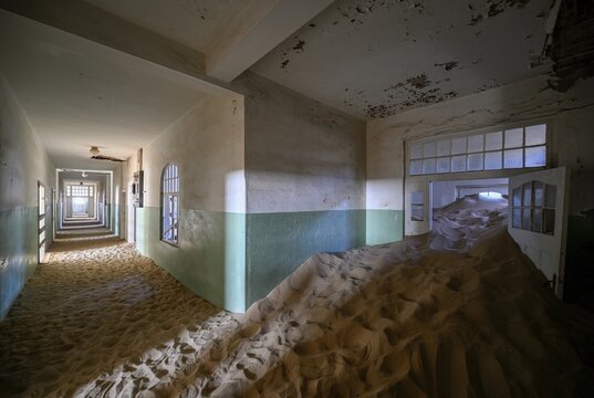 Former hospital full of sand, Kolmanskop, restricted diamond area, Karas region, Namibia