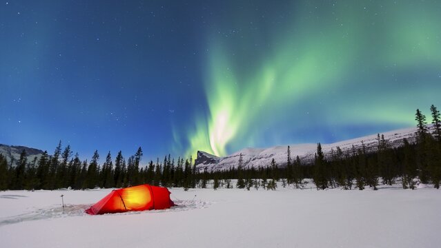 Northern Lights (Aurora borealis) above a red illuminated tent in winter, Kungsleden, Province of Lapland, Sweden