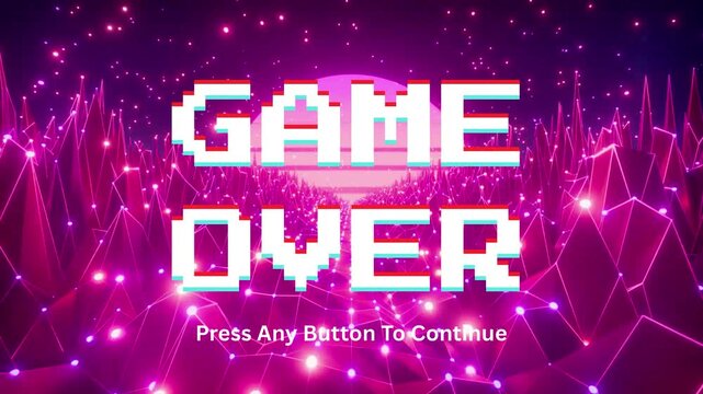 Vibrant retro 'Game Over' screen with pixelated neon text, illuminating a synthwave landscape, representing the end of a digital challenge and prompting players for a retry
