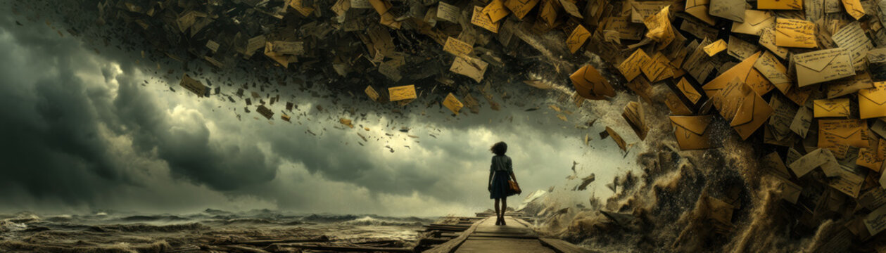 Mental health workplace stress concept person on boardwalk under storm of flying paper and envelope seeking calm balance and resilience