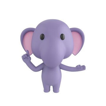 Cute 3D render Little Elephant character explaining with one hand open to the side and the other hand pointing up, confident and informative mascot style, isolated on white background.
