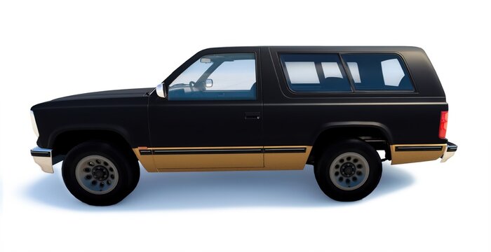 3D render of a generic classic 1990s style sport utility vehicle (SUV) with a two-tone black and tan paint job, isolated on white background