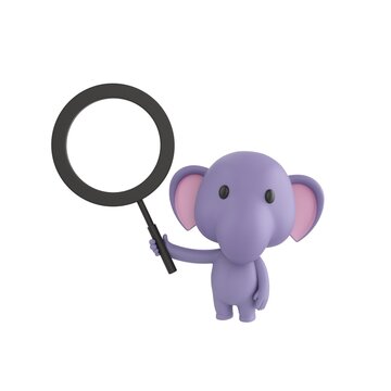 Cute 3D render Little Elephant character standing and holding a large magnifying glass, showing curiosity, searching, and investigation, isolated on white background.