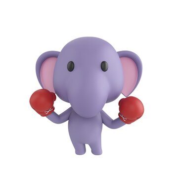 Cute 3D render Little Elephant character wearing boxing gloves and raising both hands in a guard stance, ready to fight, showing determination and confidence, isolated on white background.
