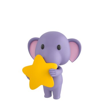 Cute 3D render Little Elephant character hugging a star, showing love, warmth, and appreciation, isolated on white background.