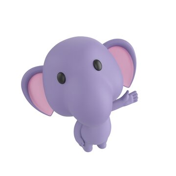 Cute 3D render Little Elephant character looking up at the camera while gesturing to the side with one hand, friendly and welcoming pose, isolated on white background.