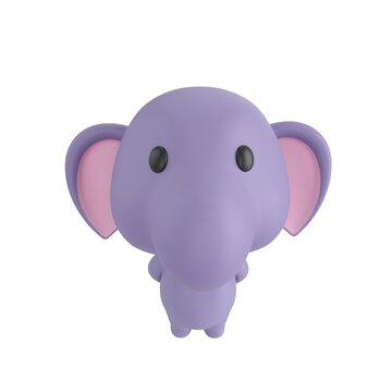 Cute 3D render Little Elephant character standing with hands behind the back, looking up at the camera with a calm and polite pose, isolated on white background.