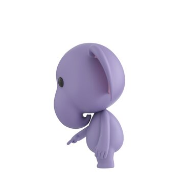 Cute 3D render Little Elephant character turned sideways to the camera, pointing down at the ground in front, indicating focus or attention, isolated on white background.