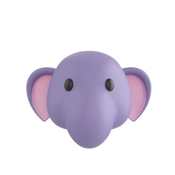 Cute 3D render Little Elephant head, facing forward and looking directly at the camera, simple and friendly expression, isolated on white background.