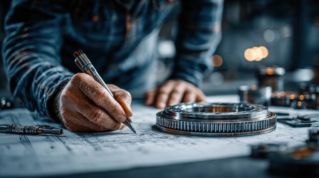 Skilled Engineer Concentrates on Technical Drawings Amidst Precision Metal Components