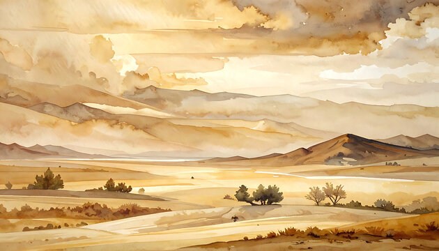 Warm watercolor landscape painting of rolling hills and plains under a cloudy sky with golden light filtering through.