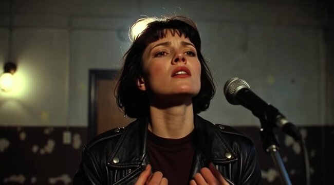 Focused female singer performing into microphone