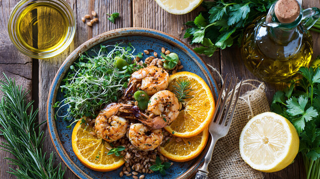 Blue zone inspired coastal shrimp plate with citrus farro and microgreens showcasing longevity nutrition and Mediterranean wellness