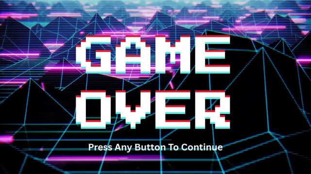 Retro gaming 'Game Over' screen with pixelated text and an 80s neon grid landscape, evoking nostalgic arcade aesthetics and a sense of digital conclusion, prompting to continue