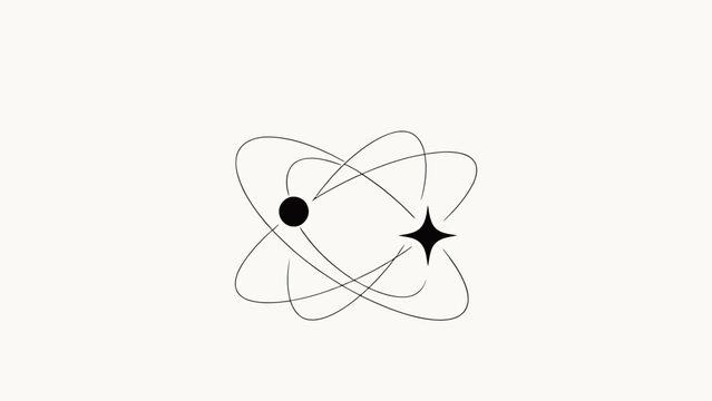 Minimalist Monochrome Line Art of Binary Celestial System: Solid Circle and Four-Pointed Spark Star Connected by Interwoven Curved Orbits on Soft Off-White Background