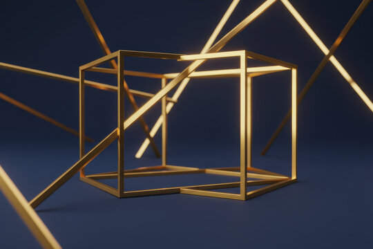 Abstract golden wireframe structures on a dark blue background
