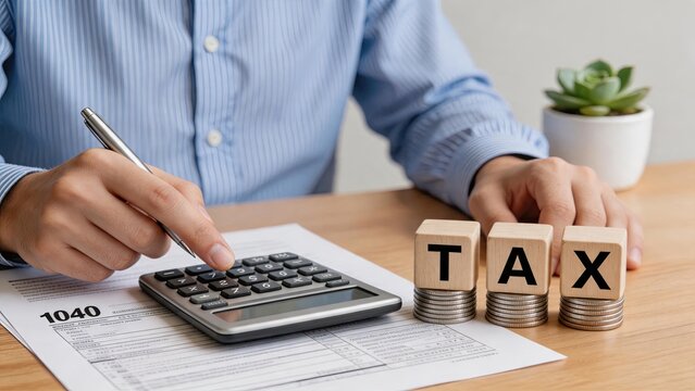 Person calculating taxes with calculator on form 1040 document, wooden blocks spelling tax word on coins stack, accounting and financial planning concept