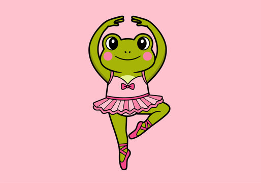 Whimsical vector illustration of a cute frog in a pink ballet tutu and pointe shoes, dancing gracefully on a pastel pink background