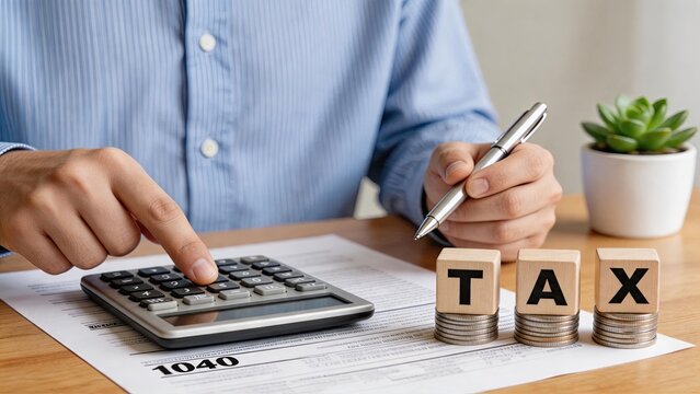 Person calculating taxes on form 1040 with calculator and pen. Wooden blocks spelling tax on stacks of coins. Financial accounting, income tax return preparation and money saving