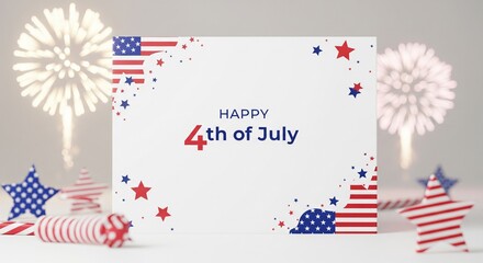 Obraz premium Happy 4th of July greeting card with American flag elements and fireworks in the background, festive patriotic celebration concept, bright and celebratory atmosphere, digital art illustration