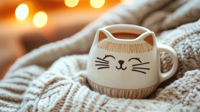 This charming ceramic mug shaped like a cute cat face sits nestled within a soft knitted blanket in this cozy and warm close up photograph