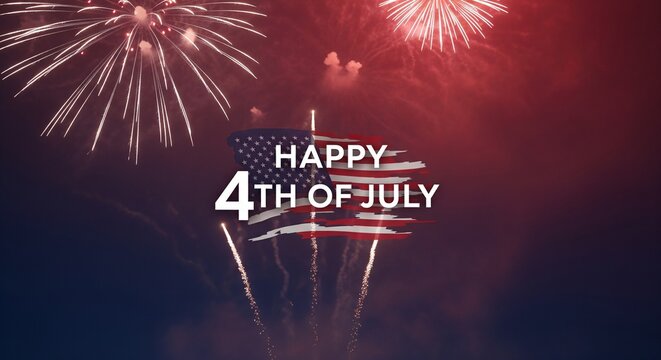 Happy 4th of July text overlay with distressed American flag graphic and fireworks exploding in a dark night sky with red and blue hues, patriotic celebration concept