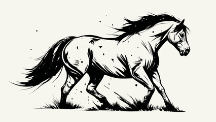 Horse illustration in ink style with dynamic lines and textured mane © Indira