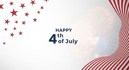 Fototapeta premium Happy 4th of July greeting with red stars, fireworks, and American flag stripes graphic design on a white background with copy space, festive celebration concept