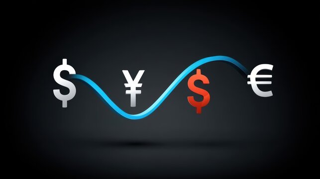 Global currency exchange rates fluctuations visualization concept with icons of dollar yen and euro symbols on dark background