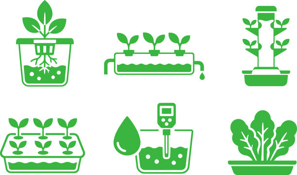 Set of green hydroponic farming icons depicting vertical garden systems nutrient film technique and plant growth stages