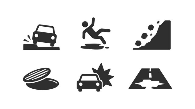 Vector set of road hazard and public safety icons including car accidents landslides potholes and slippery surfaces