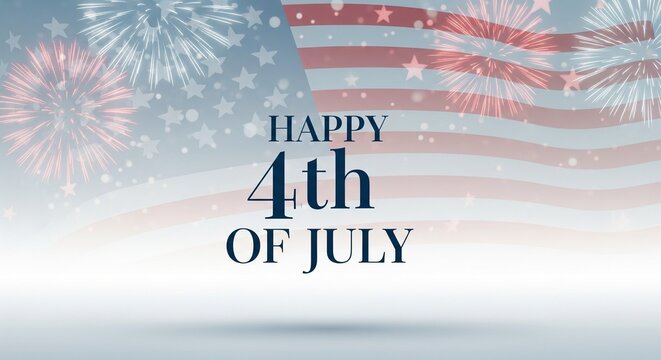 Happy 4th of July text overlay with American flag and fireworks illustration, patriotic celebration background with stars and bokeh effects, festive holiday graphic design