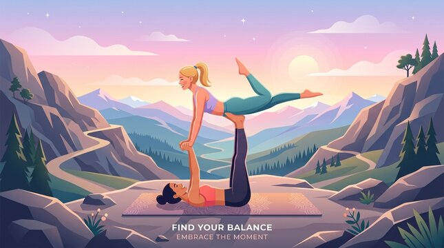 Two women practicing acro yoga on a beautiful mountain cliff edge
