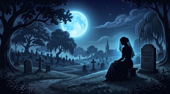 Grieving widow sitting by a tombstone under a bright moon
