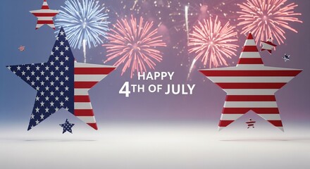 Obraz premium Patriotic stars and fireworks display celebrating the Fourth of July holiday with vibrant red, white, and blue colors and festive illumination in a celebratory atmosphere.