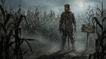 Fototapeta premium Spooky halloween night background with scarecrow and cornfield