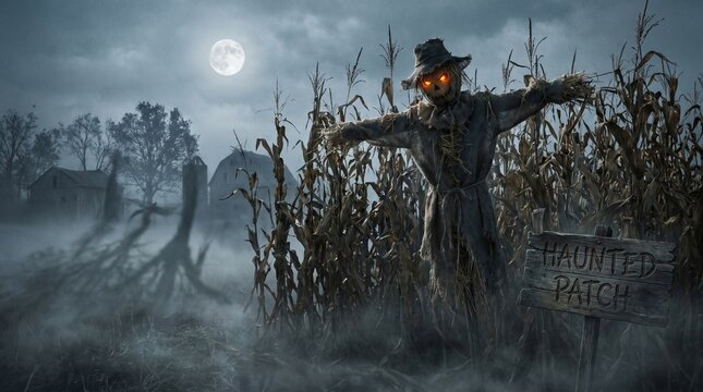 Spooky halloween night background with scarecrow in cornfield and haunted house