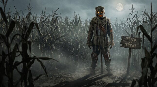 Spooky halloween night background with scarecrow and cornfield