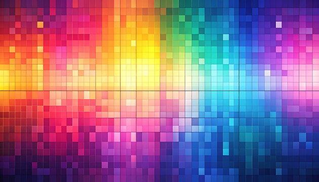 vibrant pixelated rainbow gradient on grid with glowing light effects, abstract digital background
