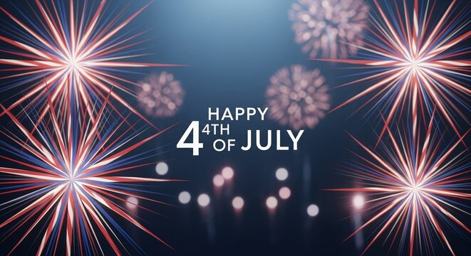 Happy 4th of July text with red white and blue fireworks exploding in a dark blue night sky with bokeh lights and lens flare effect, patriotic celebration concept