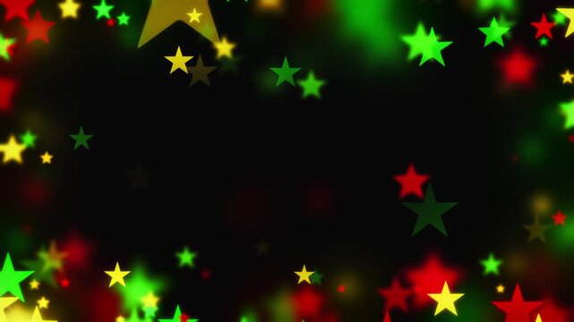 Stars floating inward in bold red, yellow, and green colors on black background for Juneteenth, or Freedom Day, to commemorate the ending of slavery on June 19th 1865 in the United States of America.