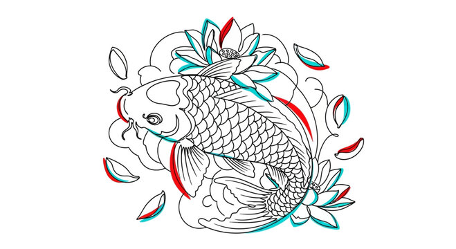 Koi Fish and Lotus Flowers Line Art, Traditional Japanese Tattoo Style