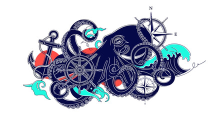 Octopus, Anchor, Ship Wheel, Compass, Waves - Nautical Tattoo Style Illustration © Jajang