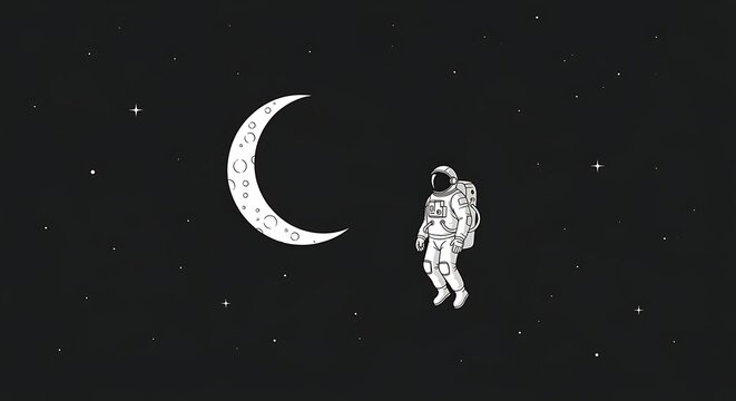 Astronaut in space with crescent moon celestial illustration