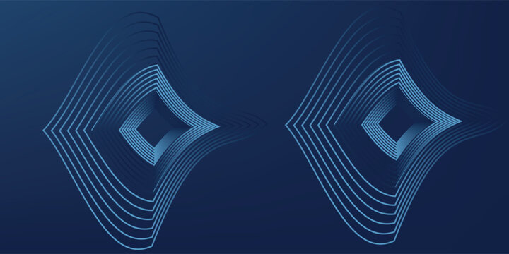 Abstract navy blue background with twin futuristic geometric shapes made of light blue wavy blend lines. Modern corporate tech design with copy space.