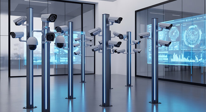 Multiple security cameras in a modern room on transparent background high quality
