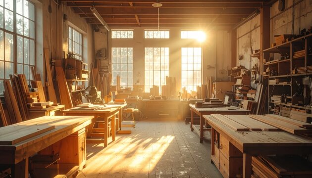 Sunlit Woodworking Workshop with Tools and Lumber.