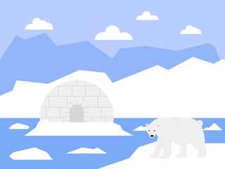 A calm Arctic landscape featuring a polar bear standing near an igloo. Winter illustrations. Flat vector concepts. © roundsquid